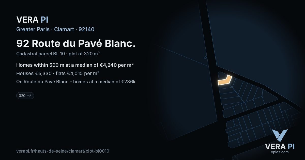 92 Route du Pavé Blanc, Clamart at night – the plot lit, the parcels around coloured by the prices near them