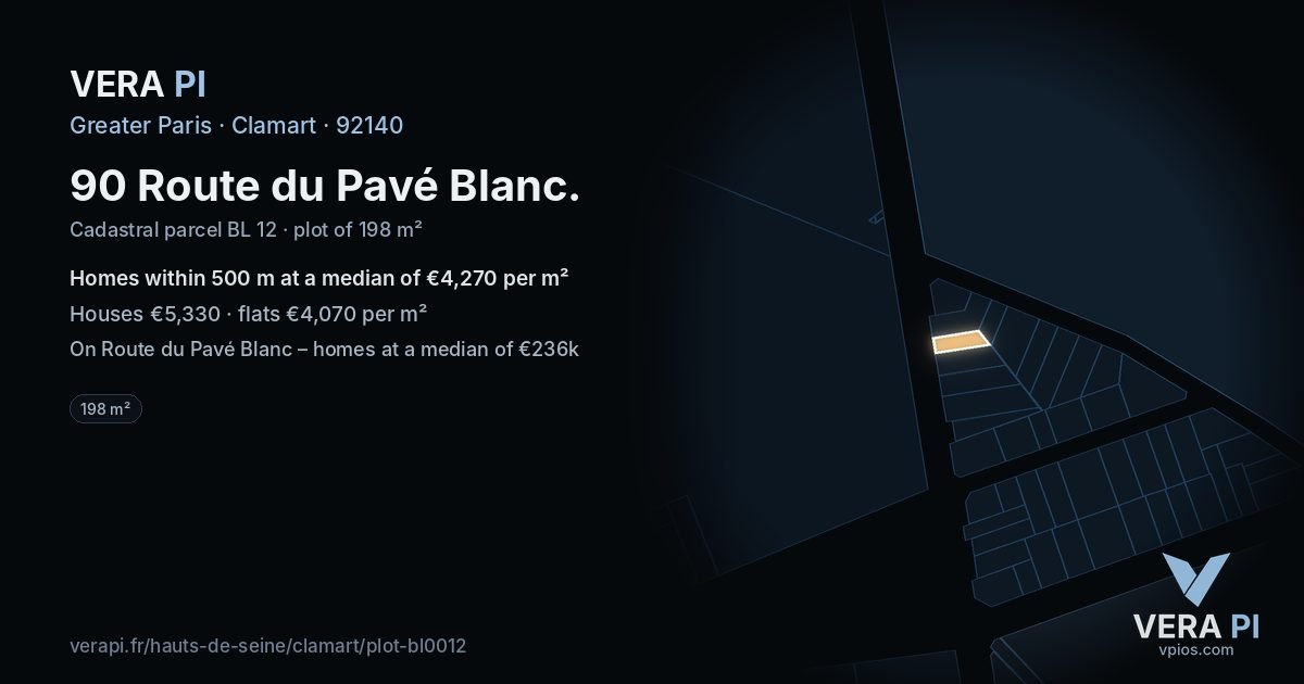 90 Route du Pavé Blanc, Clamart at night – the plot lit, the parcels around coloured by the prices near them