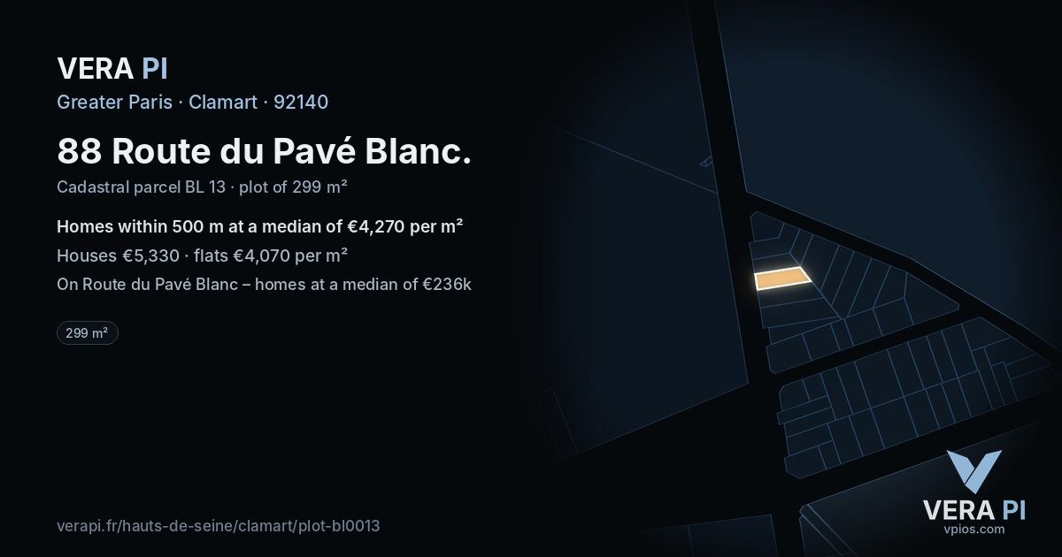 88 Route du Pavé Blanc, Clamart at night – the plot lit, the parcels around coloured by the prices near them
