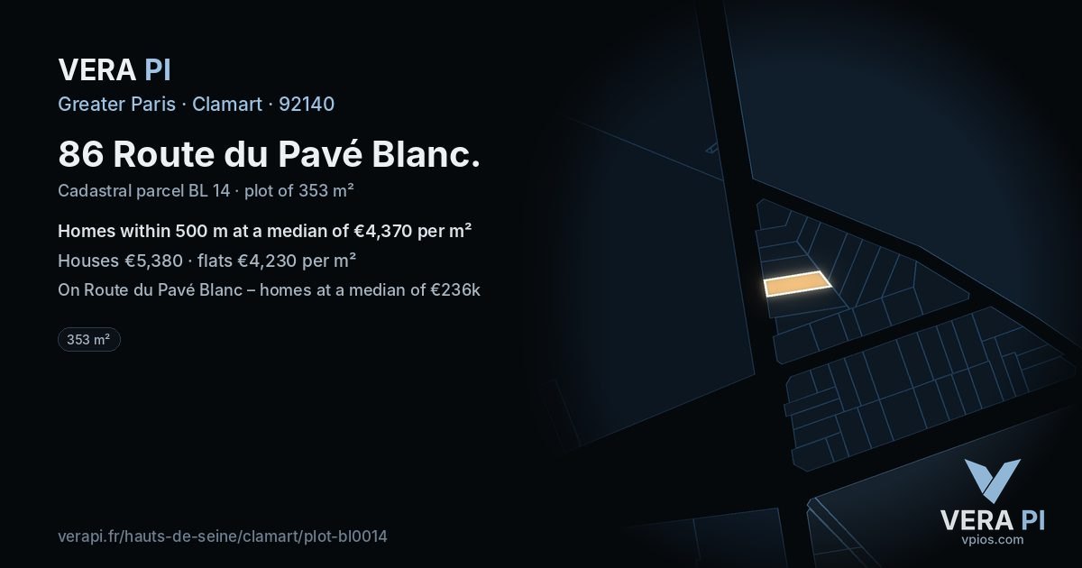 86 Route du Pavé Blanc, Clamart at night – the plot lit, the parcels around coloured by the prices near them