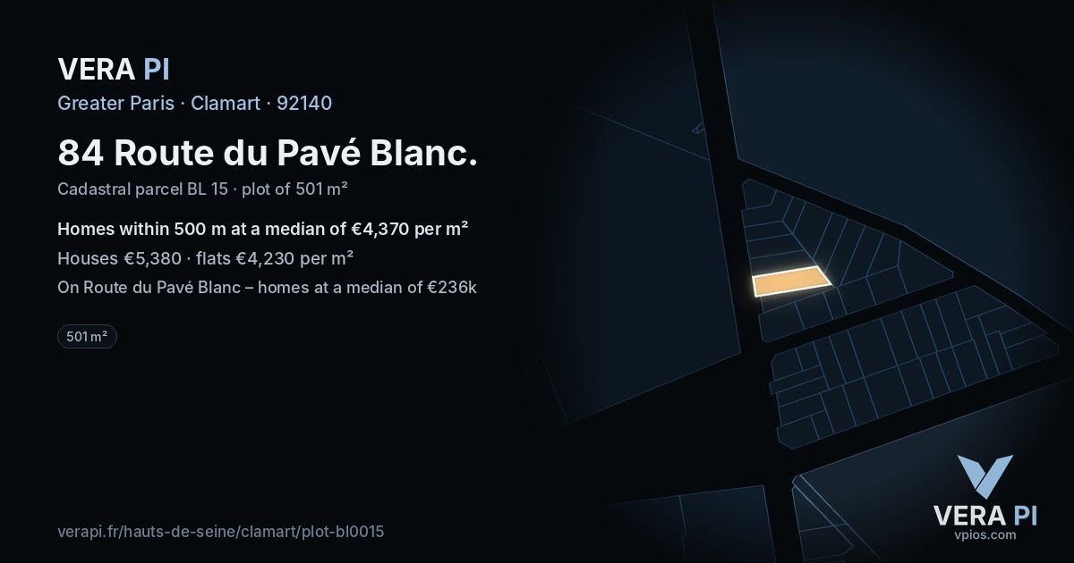 84 Route du Pavé Blanc, Clamart at night – the plot lit, the parcels around coloured by the prices near them
