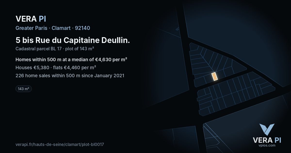 5 bis Rue du Capitaine Deullin, Clamart at night – the plot lit, the parcels around coloured by the prices near them