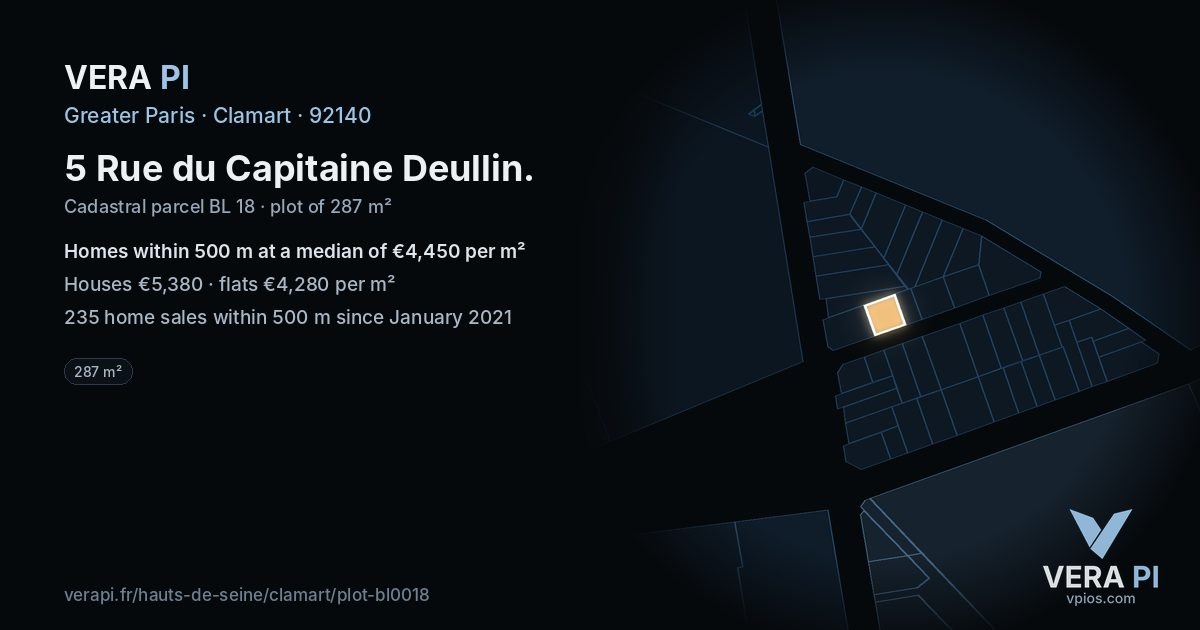 5 Rue du Capitaine Deullin, Clamart at night – the plot lit, the parcels around coloured by the prices near them
