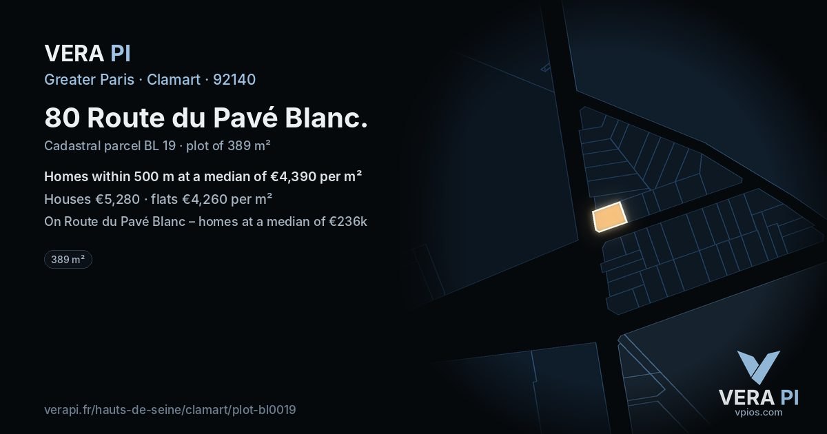 80 Route du Pavé Blanc, Clamart at night – the plot lit, the parcels around coloured by the prices near them