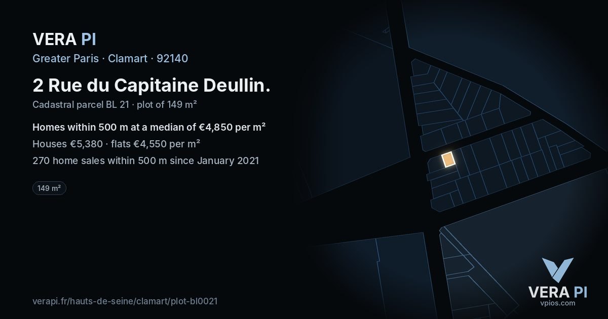 2 Rue du Capitaine Deullin, Clamart at night – the plot lit, the parcels around coloured by the prices near them