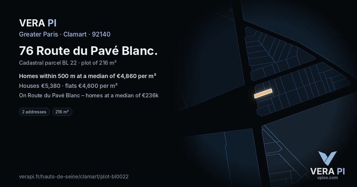 76 Route du Pavé Blanc, Clamart at night – the plot lit, the parcels around coloured by the prices near them