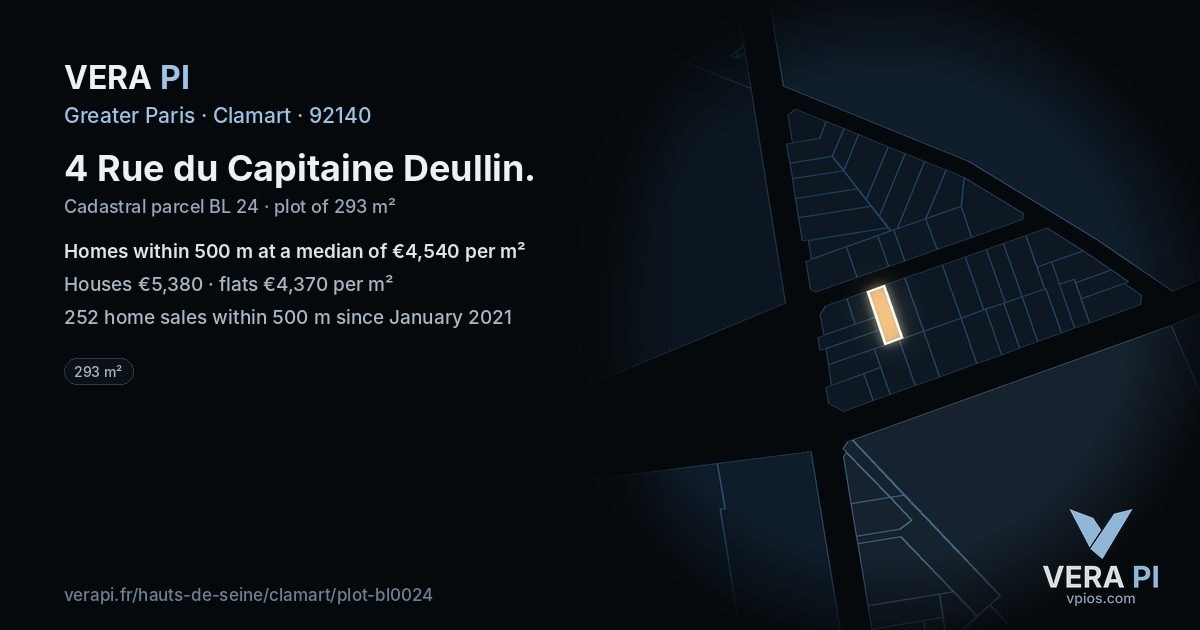 4 Rue du Capitaine Deullin, Clamart at night – the plot lit, the parcels around coloured by the prices near them