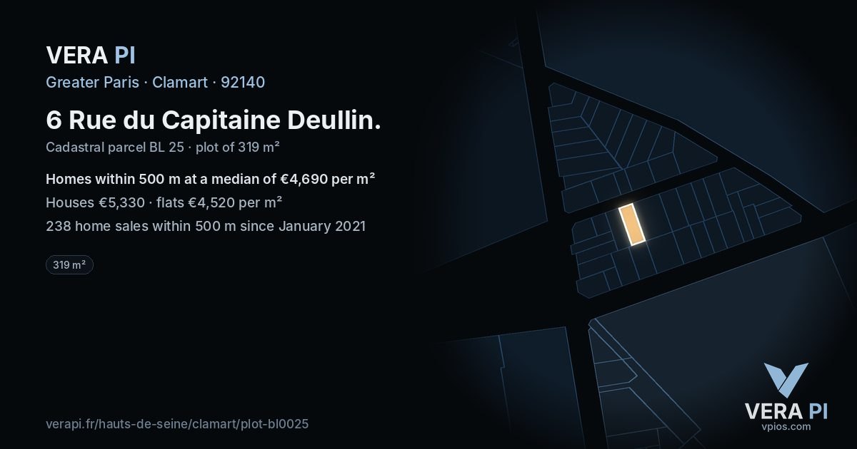 6 Rue du Capitaine Deullin, Clamart at night – the plot lit, the parcels around coloured by the prices near them