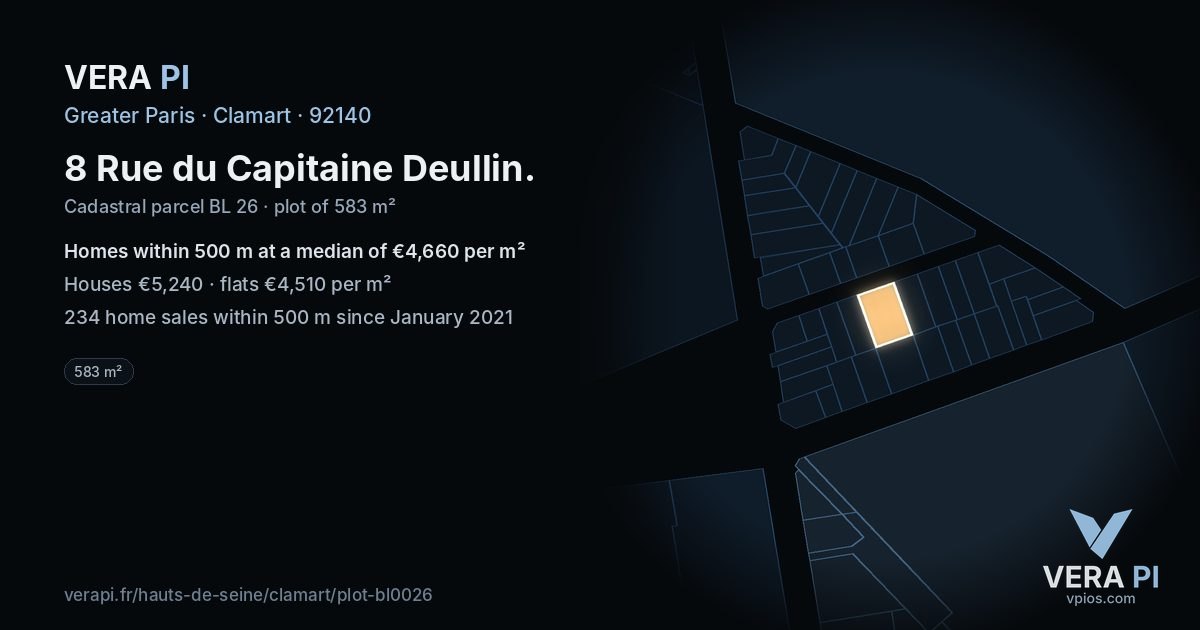 8 Rue du Capitaine Deullin, Clamart at night – the plot lit, the parcels around coloured by the prices near them