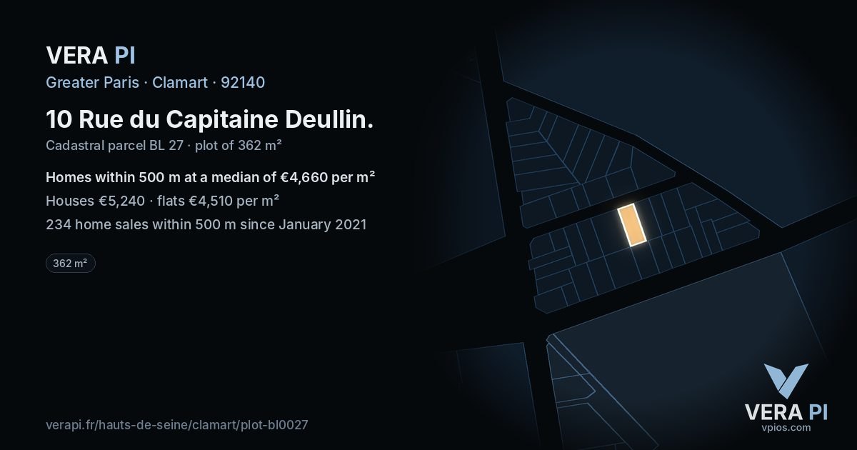 10 Rue du Capitaine Deullin, Clamart at night – the plot lit, the parcels around coloured by the prices near them