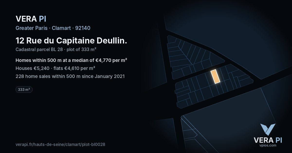 12 Rue du Capitaine Deullin, Clamart at night – the plot lit, the parcels around coloured by the prices near them
