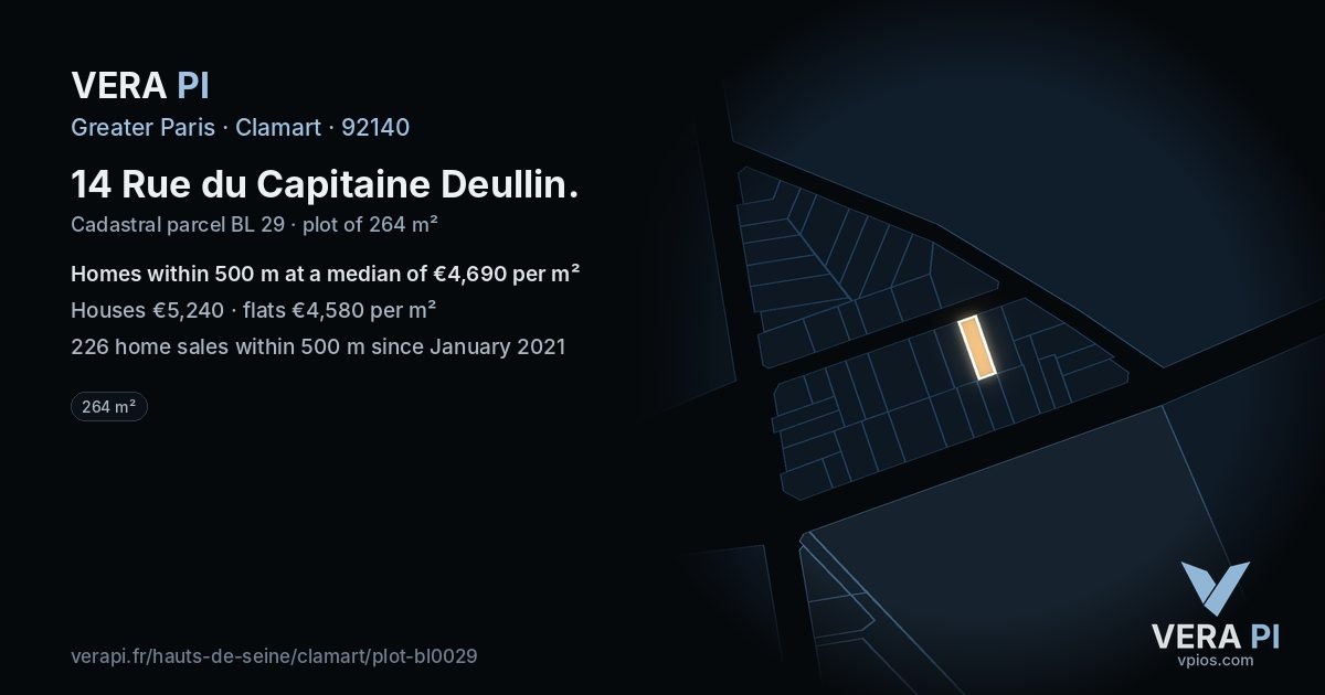 14 Rue du Capitaine Deullin, Clamart at night – the plot lit, the parcels around coloured by the prices near them