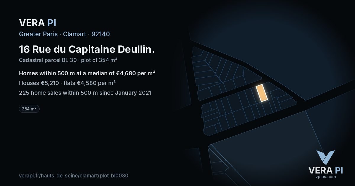 16 Rue du Capitaine Deullin, Clamart at night – the plot lit, the parcels around coloured by the prices near them