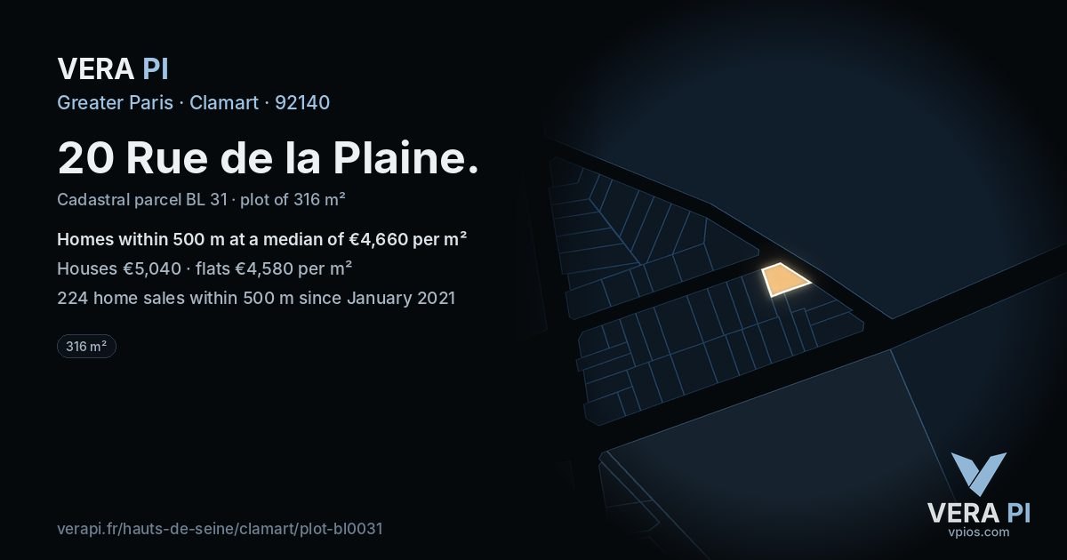 20 Rue de la Plaine, Clamart at night – the plot lit, the parcels around coloured by the prices near them