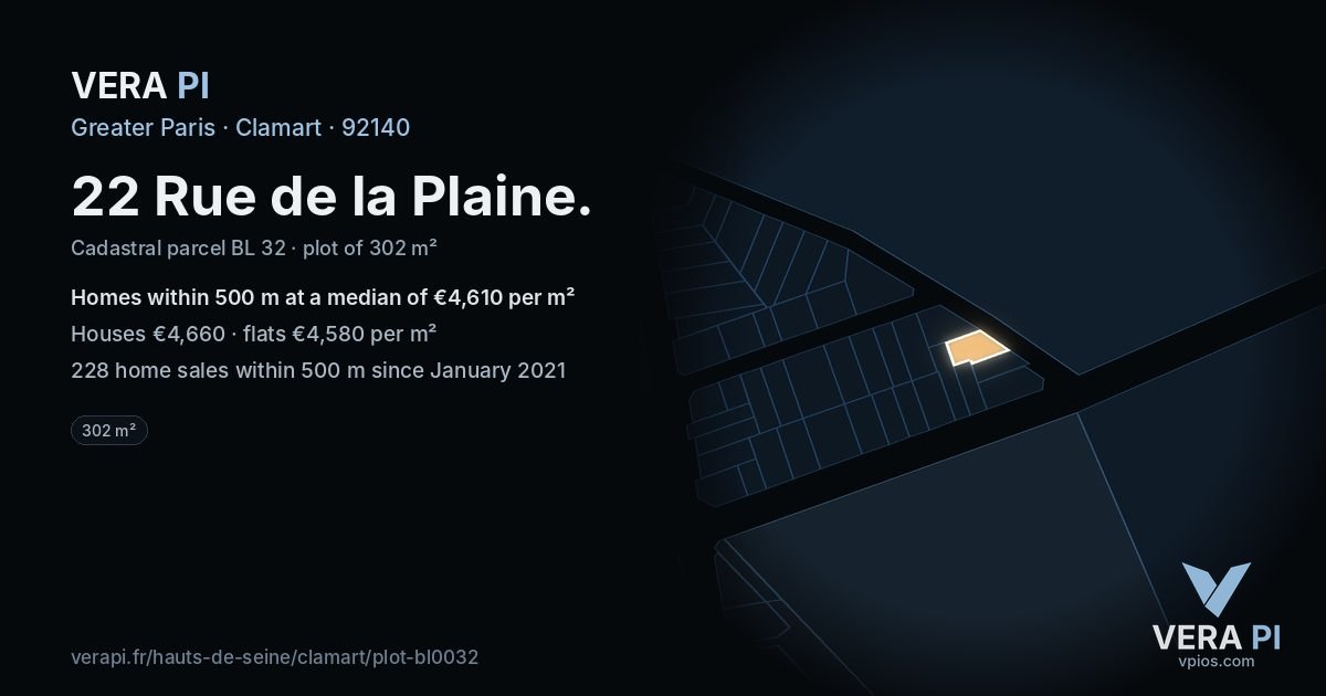 22 Rue de la Plaine, Clamart at night – the plot lit, the parcels around coloured by the prices near them