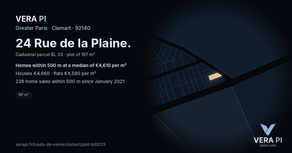 24 Rue de la Plaine, Clamart at night – the plot lit, the parcels around coloured by the prices near them