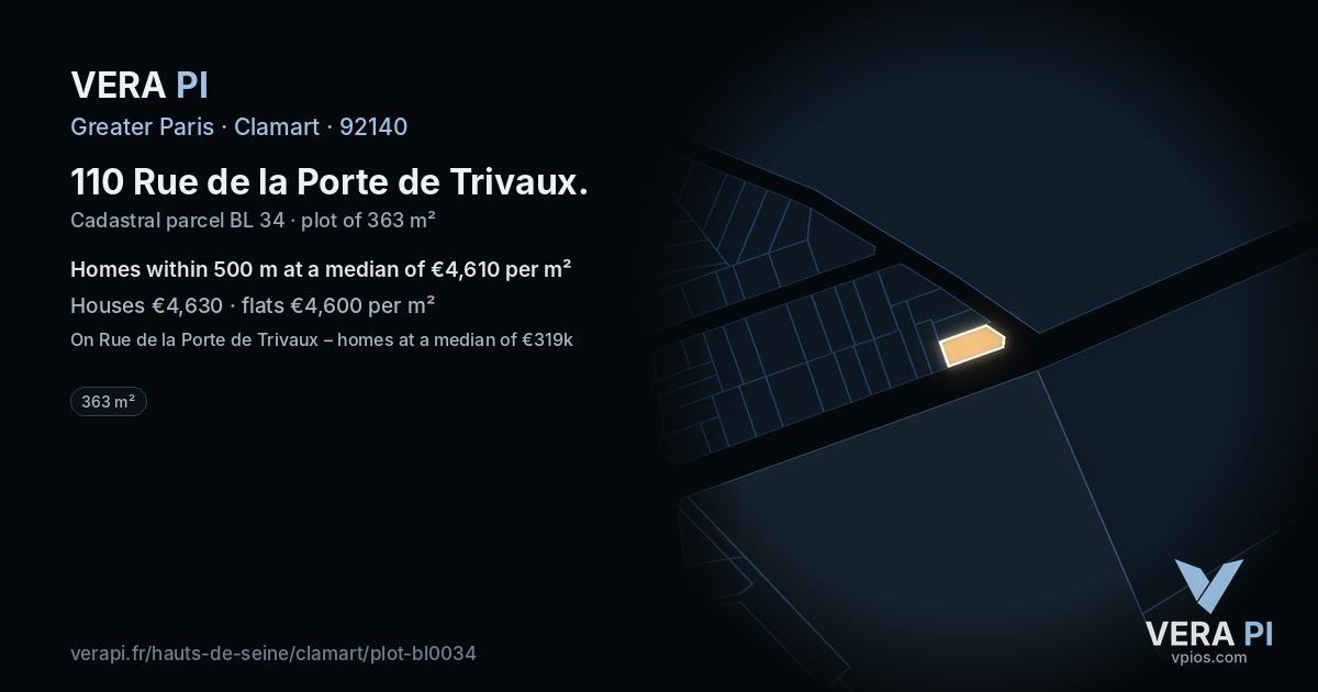 110 Rue de la Porte de Trivaux, Clamart at night – the plot lit, the parcels around coloured by the prices near them