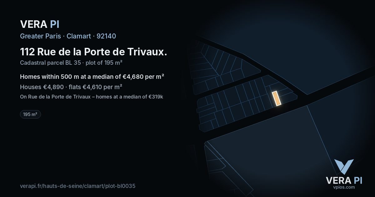 112 Rue de la Porte de Trivaux, Clamart at night – the plot lit, the parcels around coloured by the prices near them