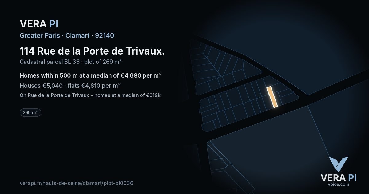 114 Rue de la Porte de Trivaux, Clamart at night – the plot lit, the parcels around coloured by the prices near them