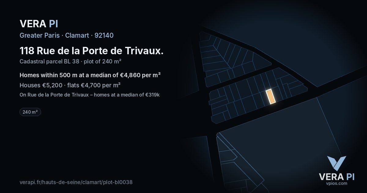 118 Rue de la Porte de Trivaux, Clamart at night – the plot lit, the parcels around coloured by the prices near them