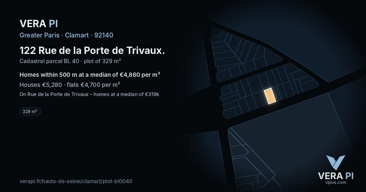 122 Rue de la Porte de Trivaux, Clamart at night – the plot lit, the parcels around coloured by the prices near them