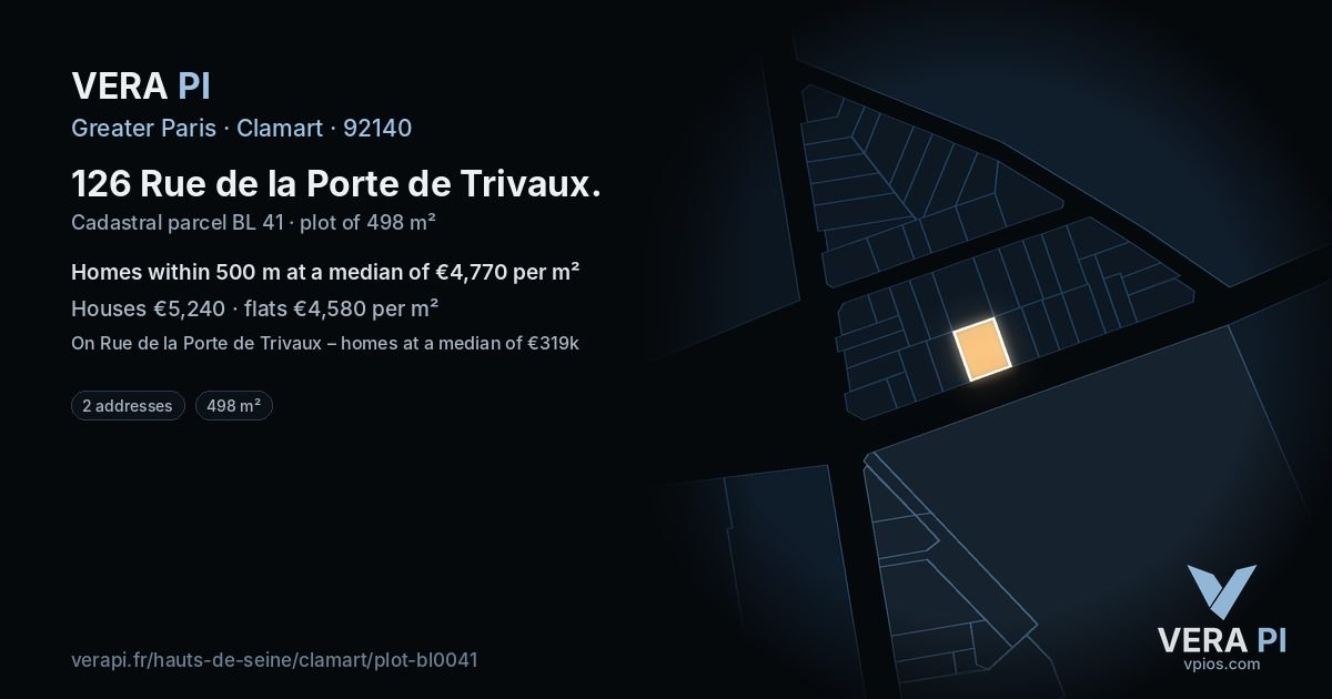 126 Rue de la Porte de Trivaux, Clamart at night – the plot lit, the parcels around coloured by the prices near them