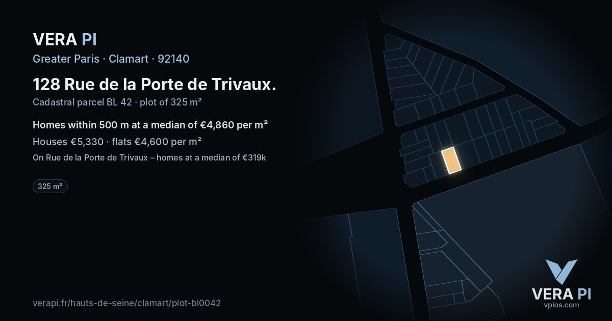 128 Rue de la Porte de Trivaux, Clamart at night – the plot lit, the parcels around coloured by the prices near them