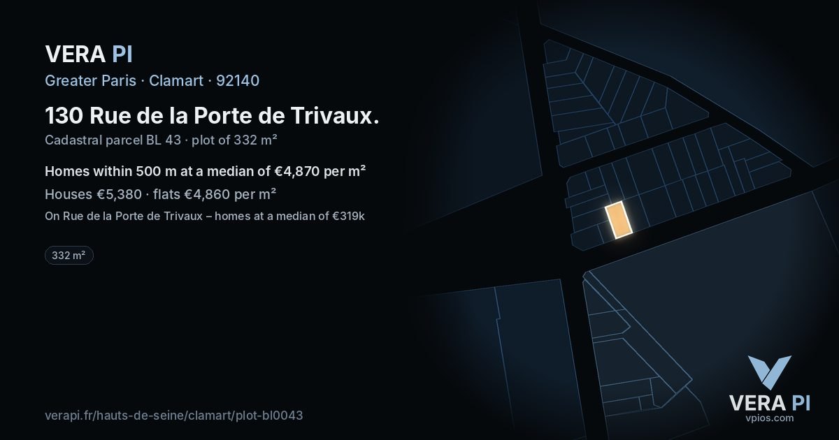 130 Rue de la Porte de Trivaux, Clamart at night – the plot lit, the parcels around coloured by the prices near them