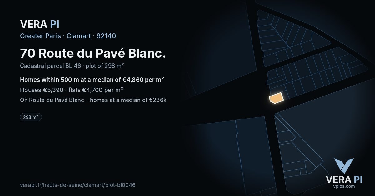 70 Route du Pavé Blanc, Clamart at night – the plot lit, the parcels around coloured by the prices near them