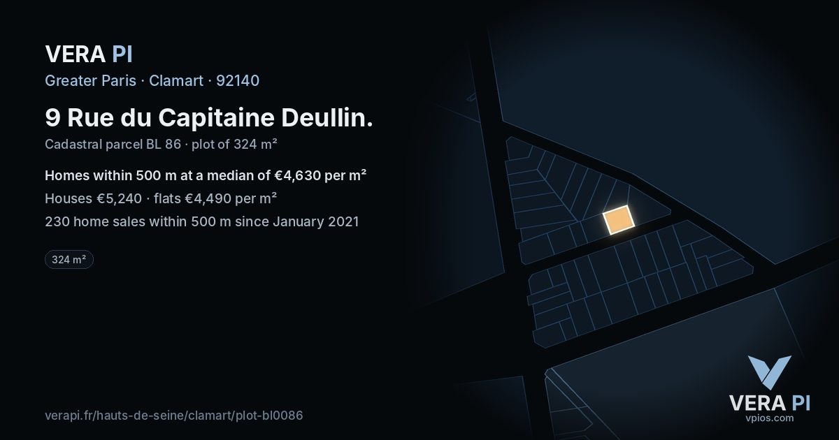 9 Rue du Capitaine Deullin, Clamart at night – the plot lit, the parcels around coloured by the prices near them