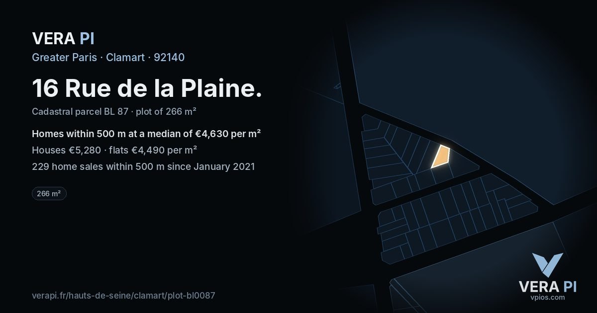 16 Rue de la Plaine, Clamart at night – the plot lit, the parcels around coloured by the prices near them