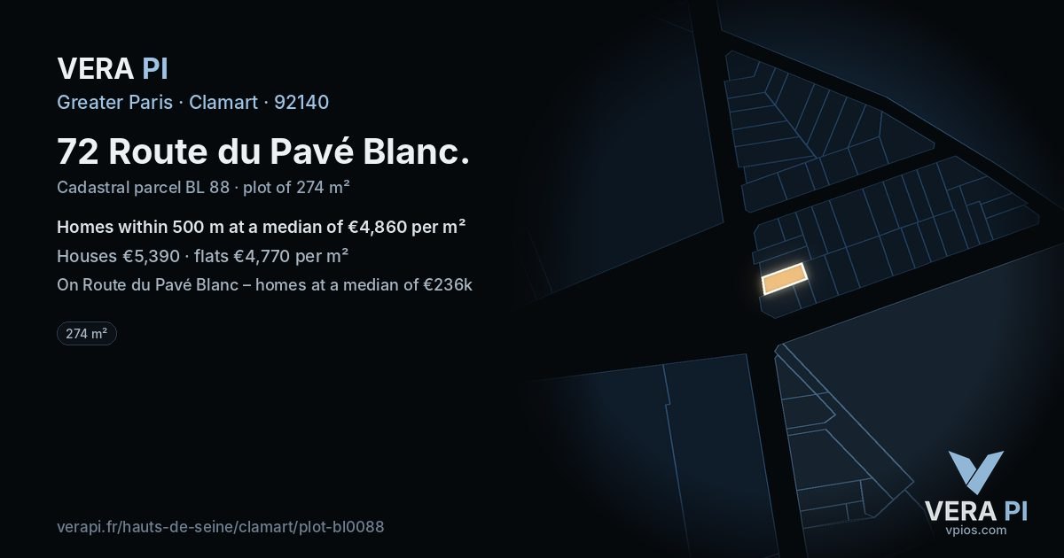 72 Route du Pavé Blanc, Clamart at night – the plot lit, the parcels around coloured by the prices near them