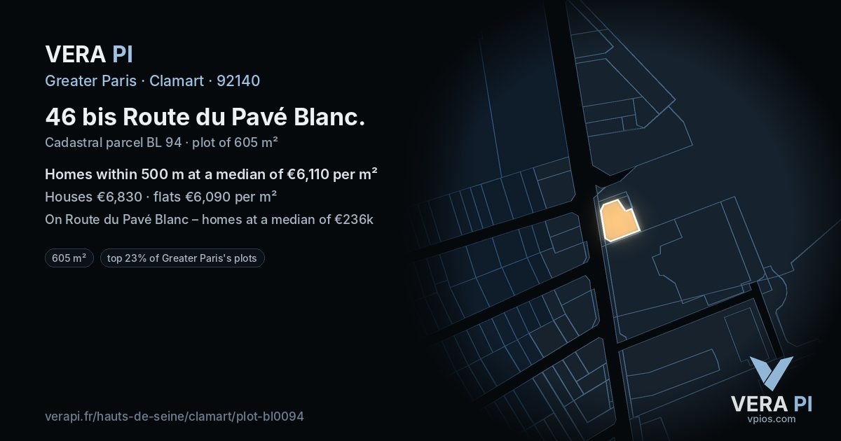 46 bis Route du Pavé Blanc, Clamart at night – the plot lit, the parcels around coloured by the prices near them