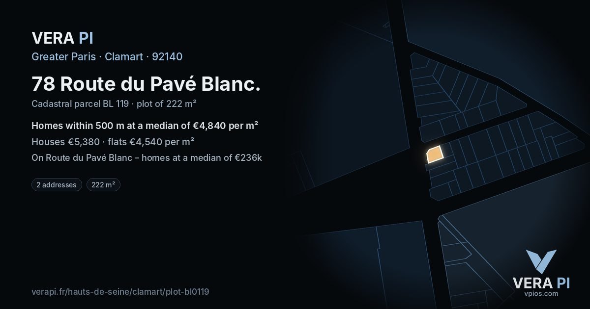 78 Route du Pavé Blanc, Clamart at night – the plot lit, the parcels around coloured by the prices near them