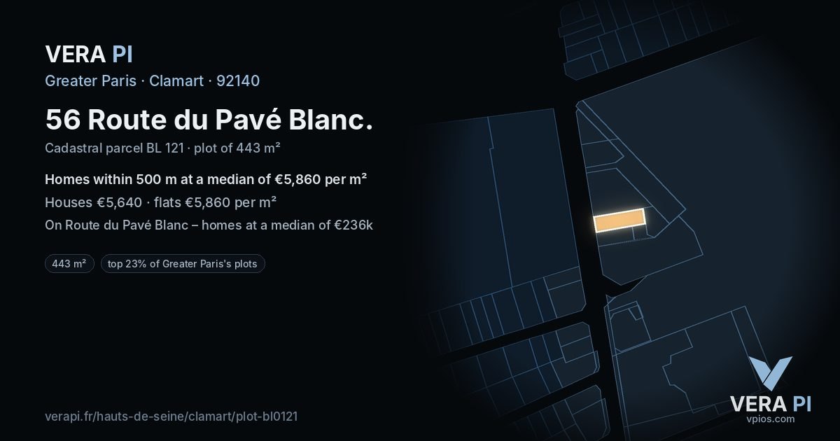 56 Route du Pavé Blanc, Clamart at night – the plot lit, the parcels around coloured by the prices near them