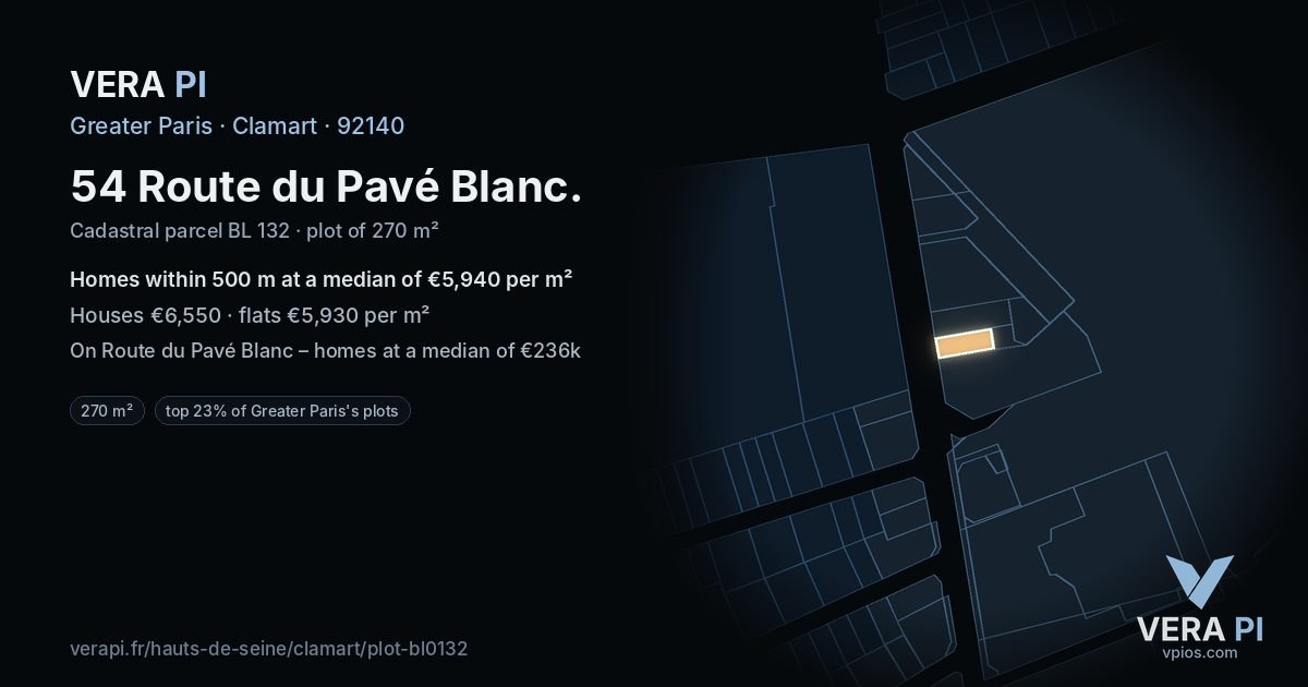 54 Route du Pavé Blanc, Clamart at night – the plot lit, the parcels around coloured by the prices near them