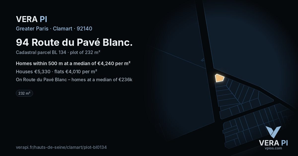 94 Route du Pavé Blanc, Clamart at night – the plot lit, the parcels around coloured by the prices near them