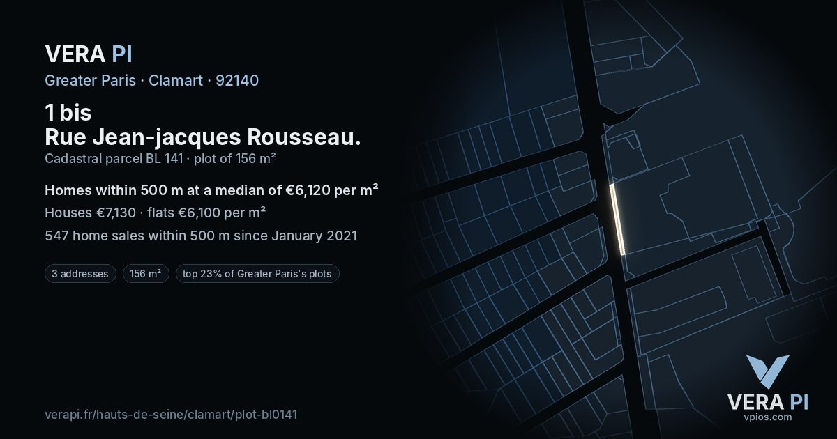 1 bis Rue Jean-jacques Rousseau, Clamart at night – the plot lit, the parcels around coloured by the prices near them
