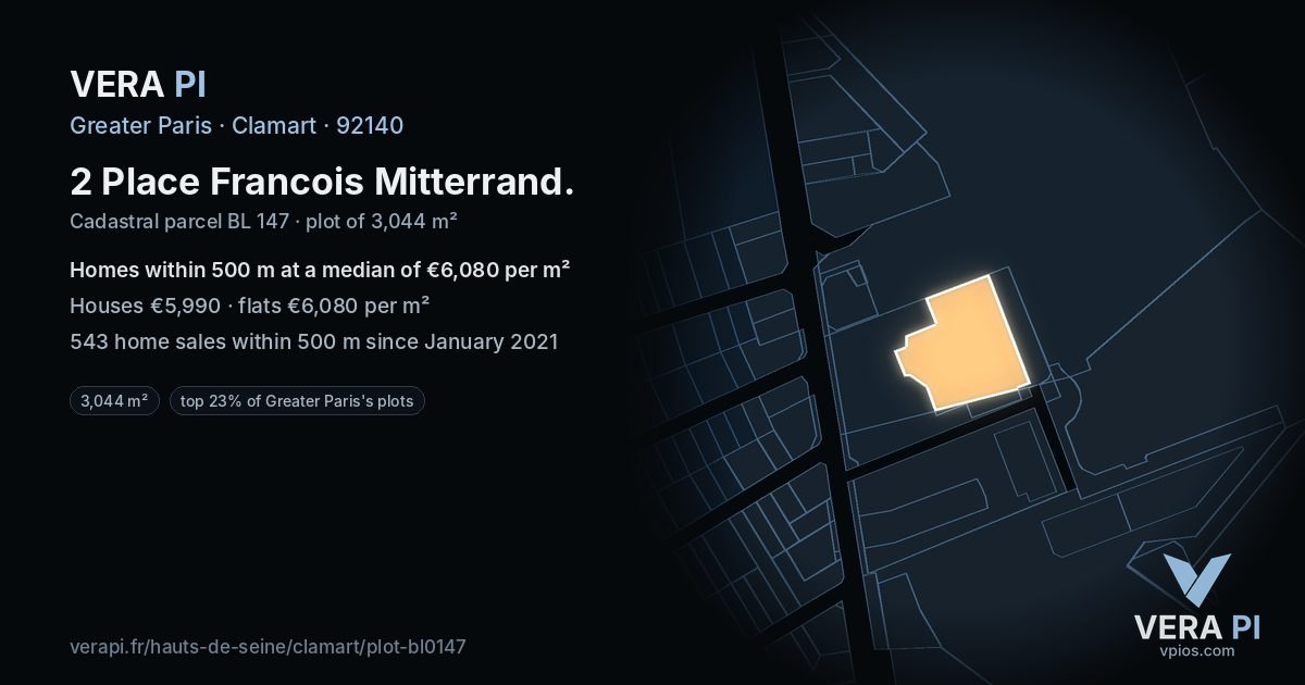 2 Place Francois Mitterrand, Clamart at night – the plot lit, the parcels around coloured by the prices near them