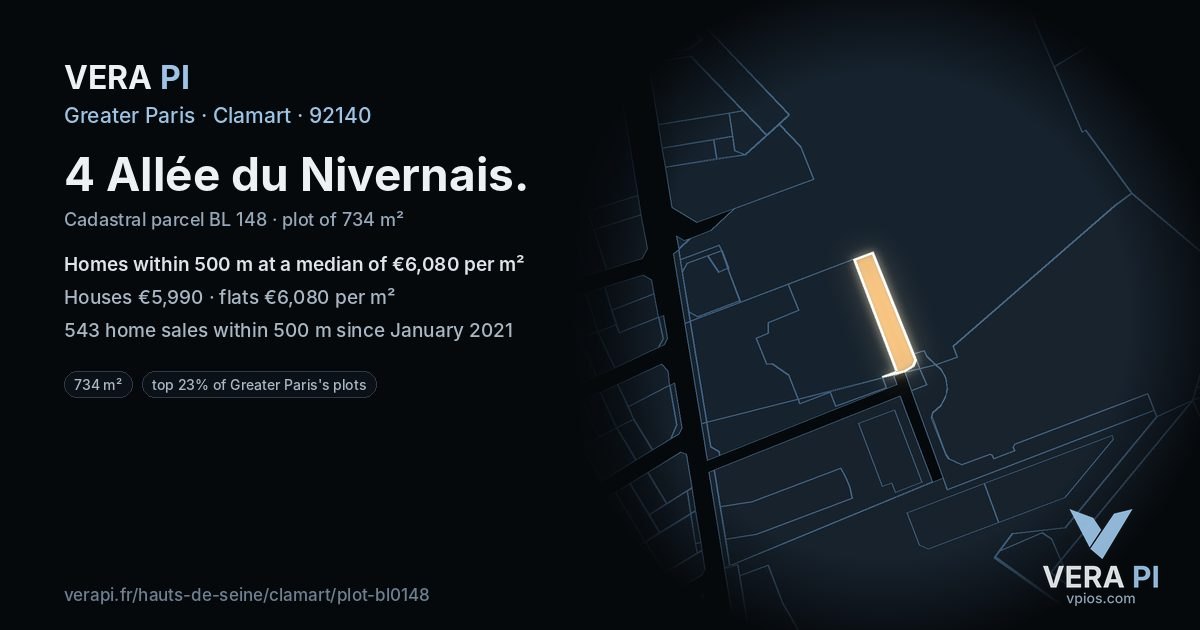 4 Allée du Nivernais, Clamart at night – the plot lit, the parcels around coloured by the prices near them