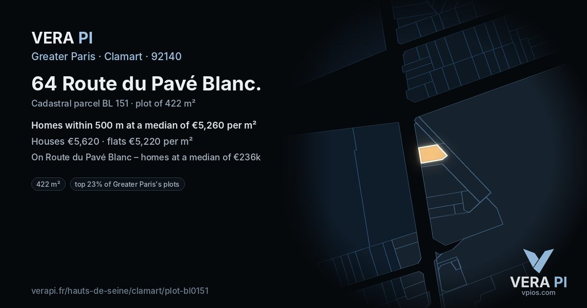 64 Route du Pavé Blanc, Clamart at night – the plot lit, the parcels around coloured by the prices near them