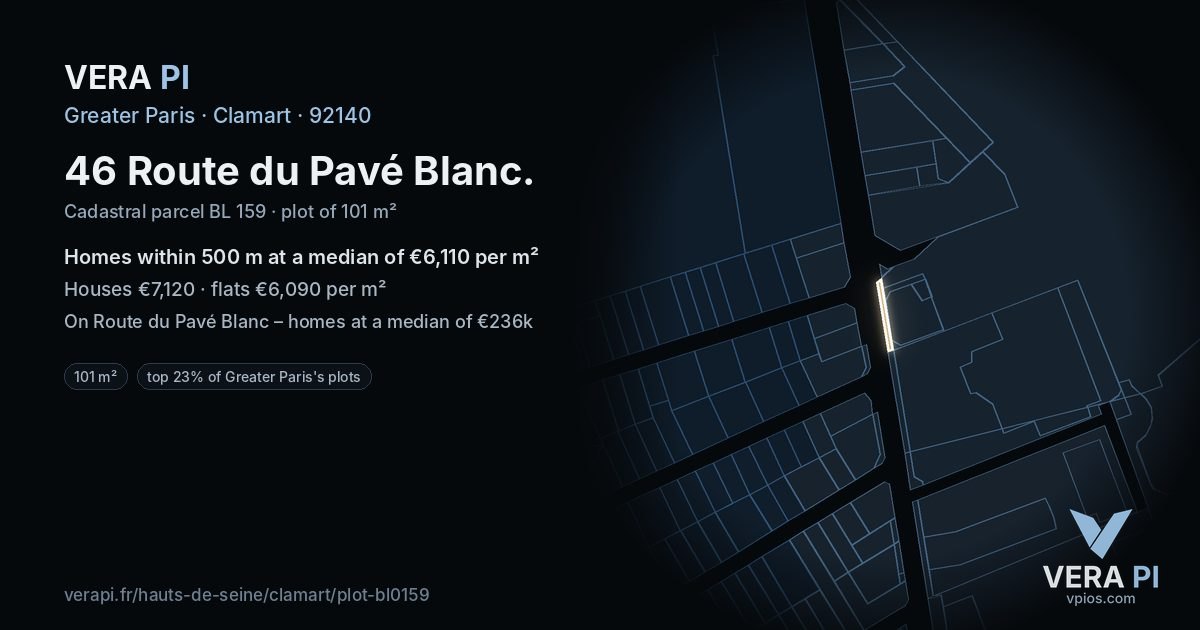 46 Route du Pavé Blanc, Clamart at night – the plot lit, the parcels around coloured by the prices near them