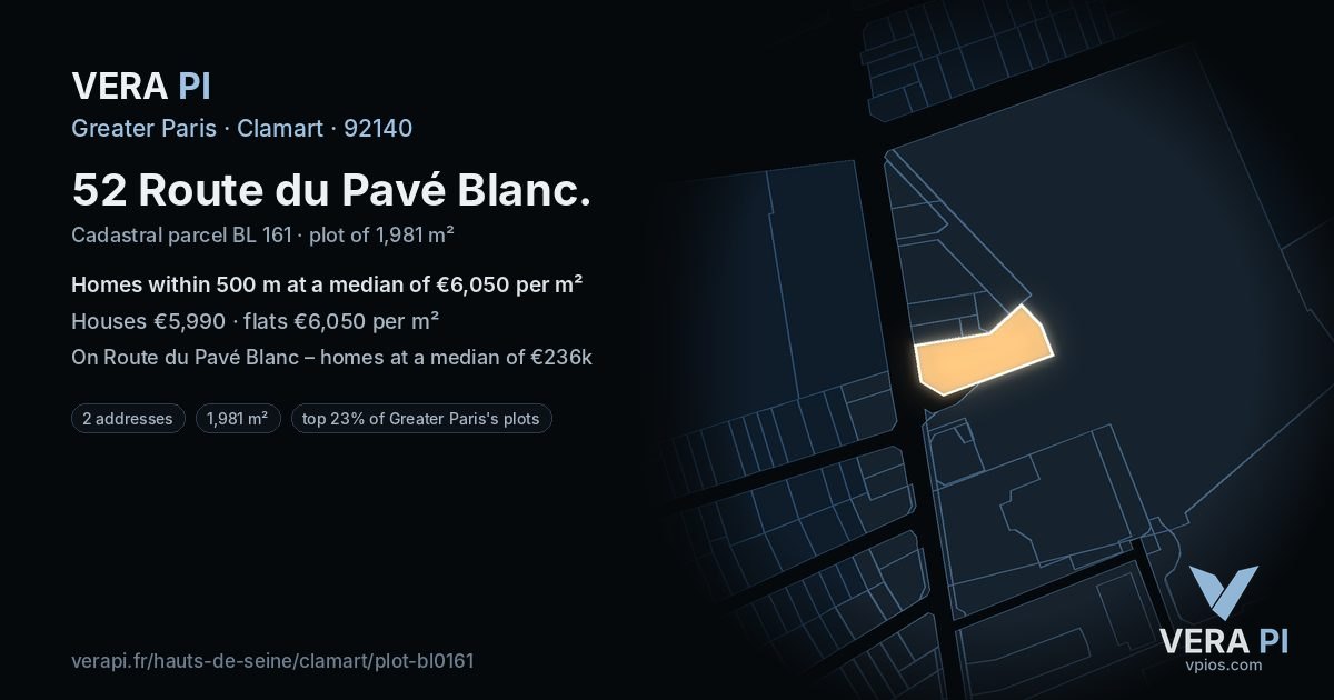 52 Route du Pavé Blanc, Clamart at night – the plot lit, the parcels around coloured by the prices near them