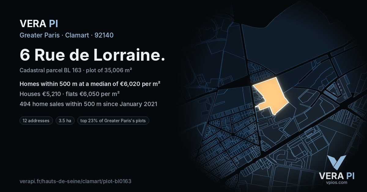 6 Rue de Lorraine, Clamart at night – the plot lit, the parcels around coloured by the prices near them