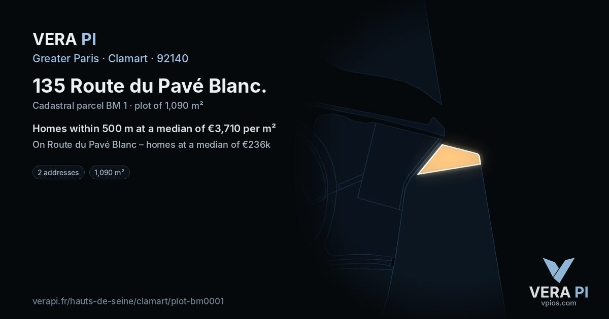 135 Route du Pavé Blanc, Clamart at night – the plot lit, the parcels around coloured by the prices near them