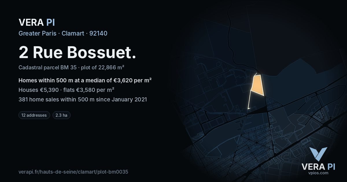 2 Rue Bossuet, Clamart at night – the plot lit, the parcels around coloured by the prices near them