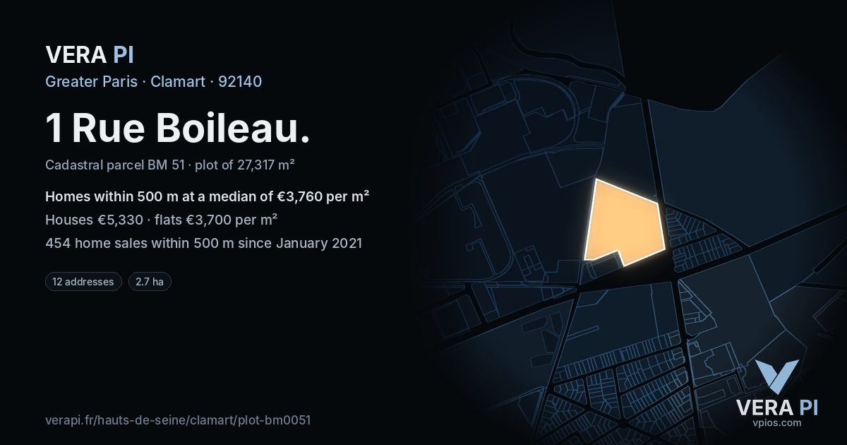 1 Rue Boileau, Clamart at night – the plot lit, the parcels around coloured by the prices near them