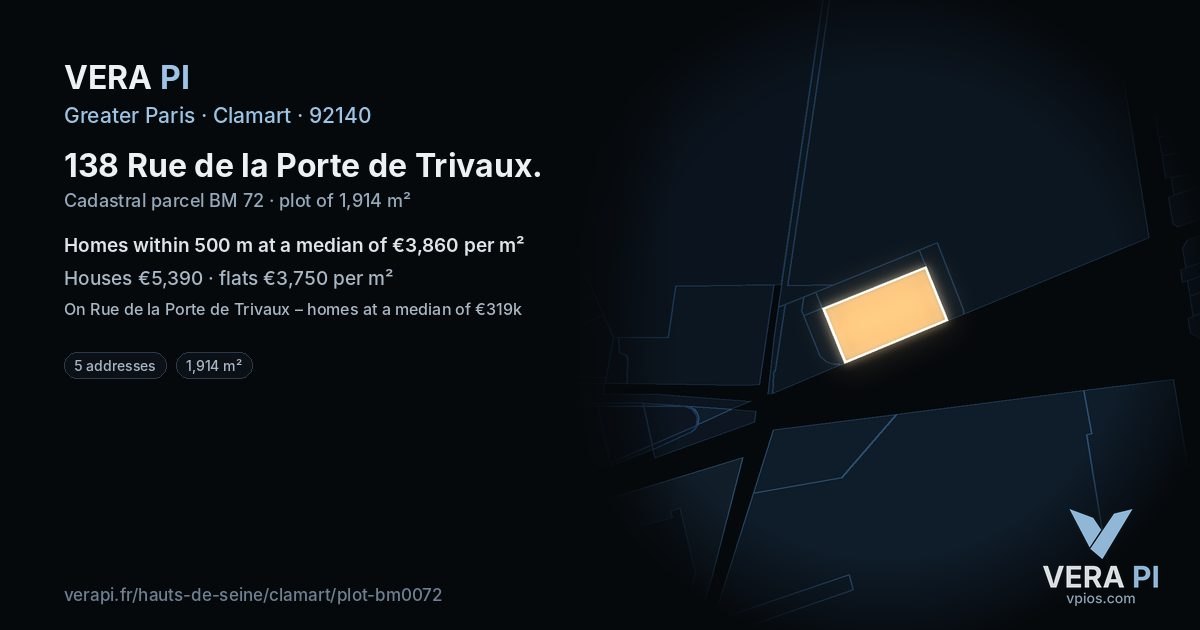 138 Rue de la Porte de Trivaux, Clamart at night – the plot lit, the parcels around coloured by the prices near them