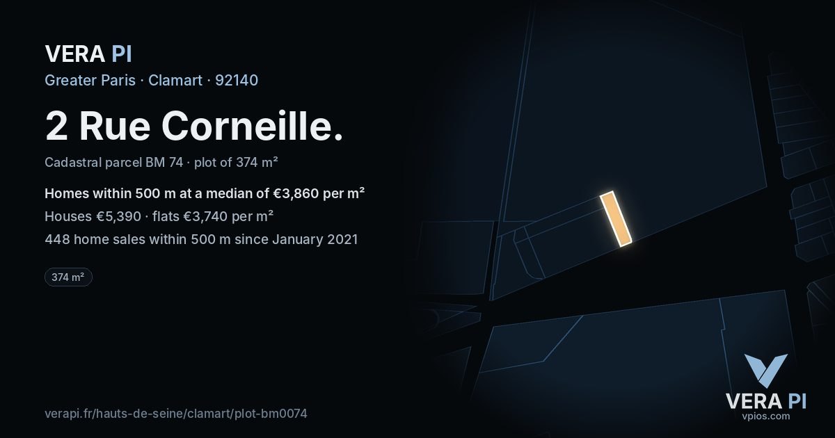 2 Rue Corneille, Clamart at night – the plot lit, the parcels around coloured by the prices near them