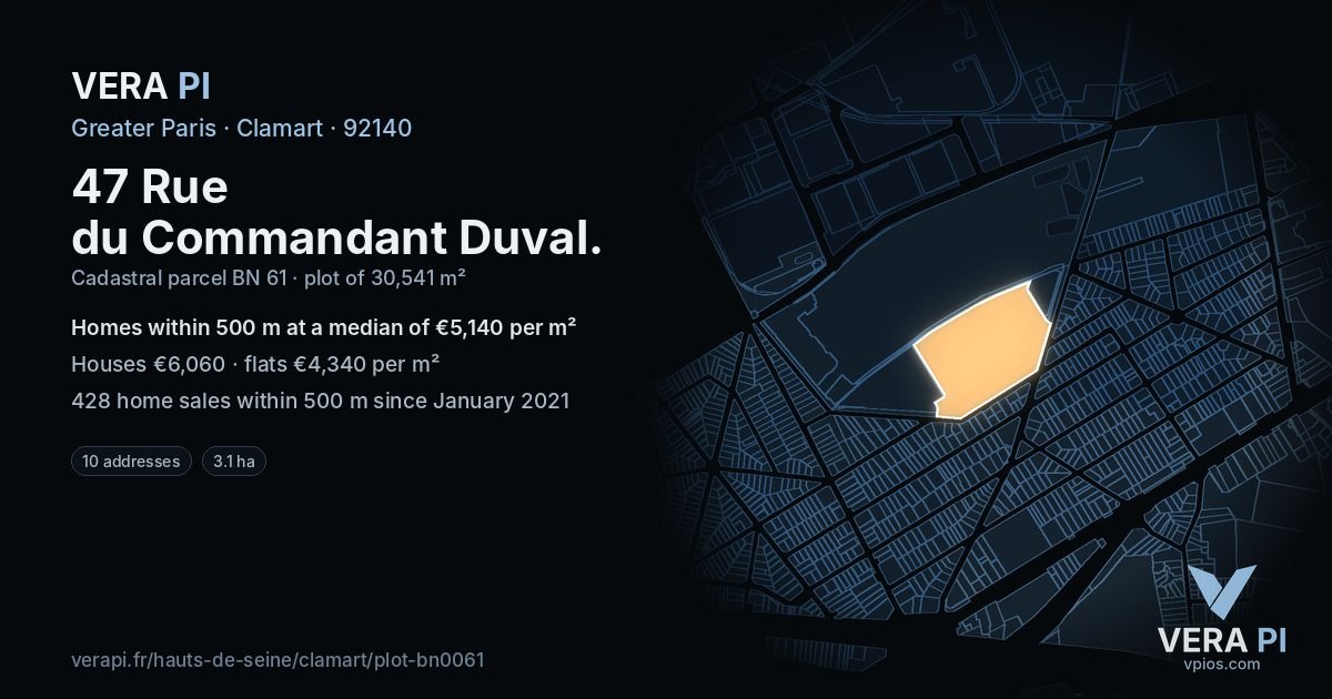 47 Rue du Commandant Duval, Clamart at night – the plot lit, the parcels around coloured by the prices near them